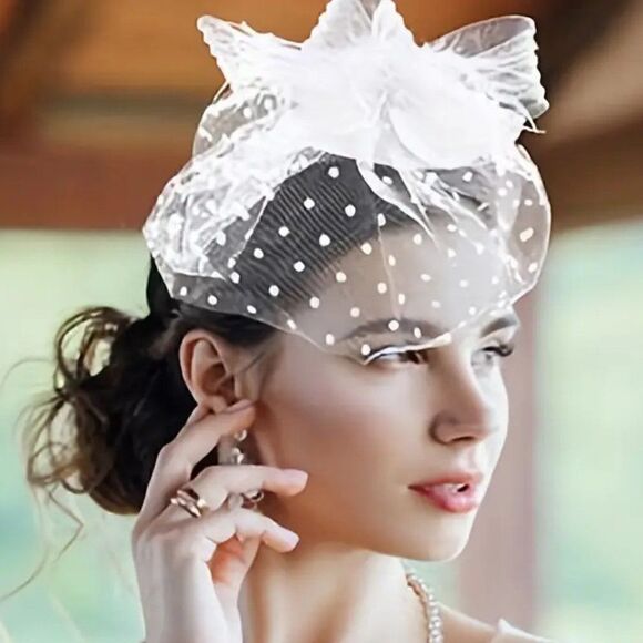 Feather and Polka Dot Fascinator With Lace Gloves For Weddings Dress up and more